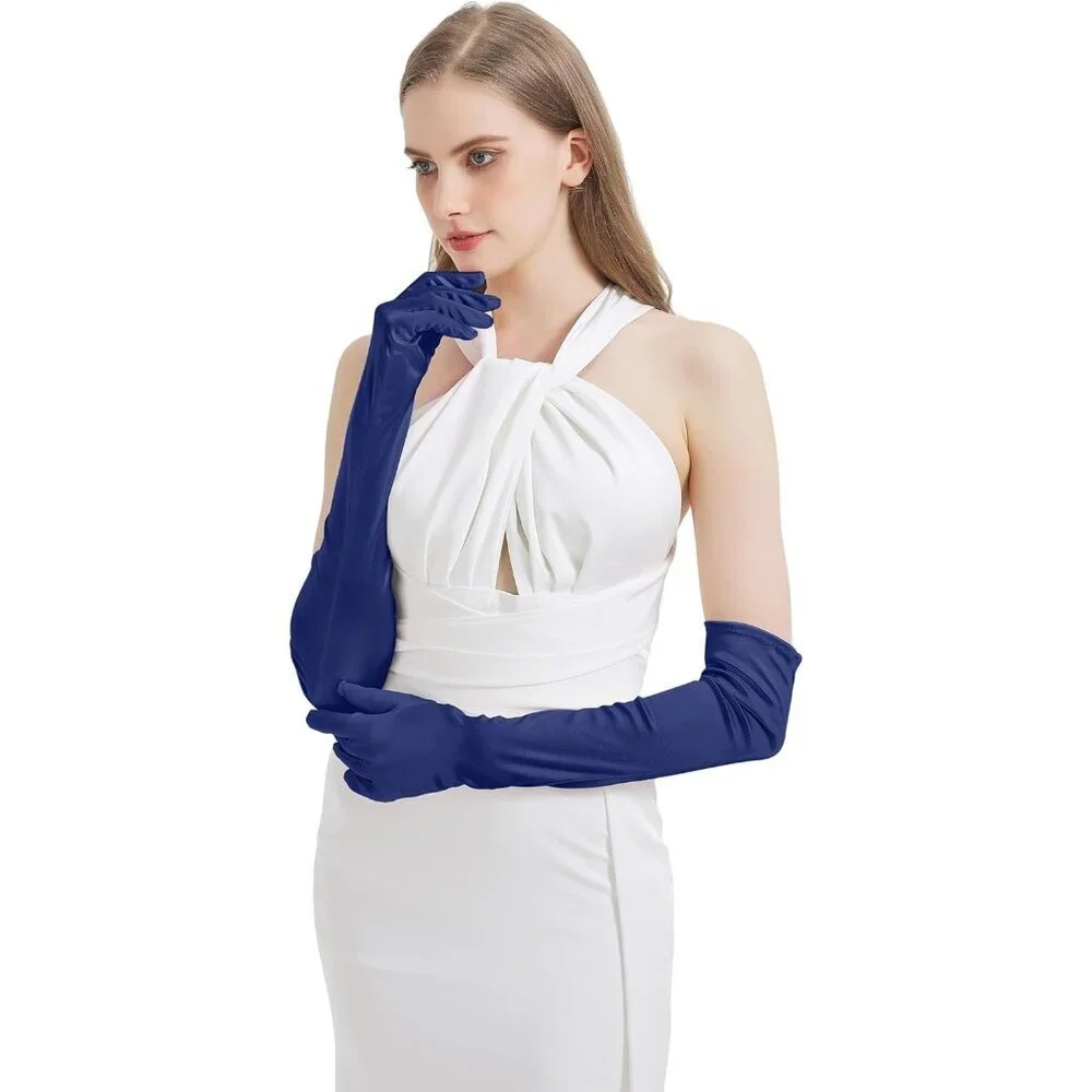 Women's Navy Blue Imported Satin Elbow Length Halloween Cosplay Opera Gloves